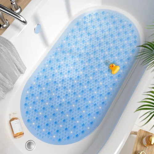 Vista 18 de HITSLAM Tapete antideslizante para bañera, 27 x 15 pulgadas, con ventosas y orificios de drenaje, lavable a máquina, ovalado, para niños, personas