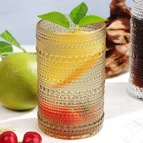 Vista 10 de Juego de 6 vasos de vidrio Lumkit acanalados para beber, juego de cristalería vintage cóctel, vasos para jugo de 13 onzas, ámbar