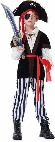 Vista 7 de Disfraz de pirata para niños con sombrero de pirata, parche de ojos, disfraz de pirata para niños, disfraz de cosplay para Halloween, fiesta