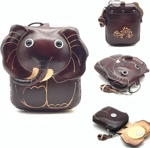 Vista 26 de Handmade Vintage Genuine Leather 3D Animal Elephant Coin Purse With Removable Wrist Strap (Brown)