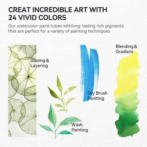 Vista 6 de LIGHTWISH Juego de tubos de pintura de acuarela profesional grado artista, 0.3 fl oz, 24 colores vivos, pintura de colores de agua no tóxica prémium