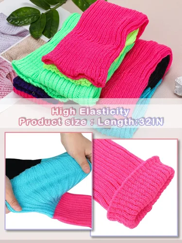 Vista 6 de Bonuci 3 pares de calentadores de piernas de neón para mujeres y niñas de los años 80 y 90, calentadores de piernas de punto acanalado hasta