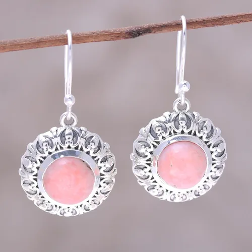 Vista 4 de NOVICA Aretes colgantes hechos a mano de plata de ley 925 con ópalo, piedra natal redonda de la India rosa 1.4 pulgadas de largo x 0.8 pulgadas