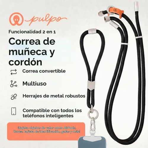 Vista 2 de Pulpo - Cordón antirrobo 2 en 1 para teléfono y correa de muñeca para iPhone y Android, correa ajustable para teléfono celular y correa universal