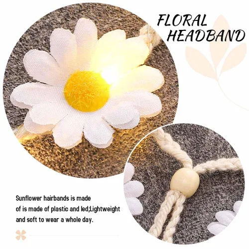 Vista 5 de GORTIN Diadema de girasol iluminada con flores de margarita, accesorios para el cabello hippie bohemio para mujer