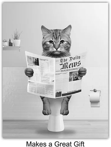 Vista 3 de Arte y decoración de pared de baño de gatos para niños, bonitas imágenes de baño de gatos para mujeres, decoración de baño pequeña, juego de baño