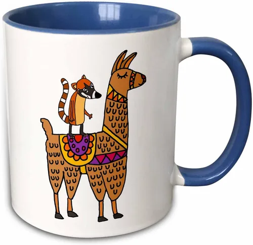 Vista 7 de 3dRose Cute Funny Coati Mundi Riding Llama cartoon 11oz Two-Tone Black Mug