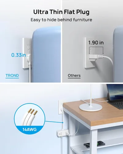 Vista 4 de TROND Extensor de toma con cable de 6 pulgadas, adaptador de enchufe plano con 4 tomas eléctricas y 4 puertos USB, para montaje en pared, toma