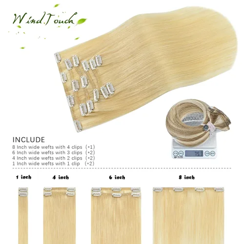 Vista 17 de WindTouch - Extensiones de cabello humano real con clip, color marrón claro a rubio con reflejos #6P613, 22 pulgadas, 4.33 onzas, 7 piezas #6p613