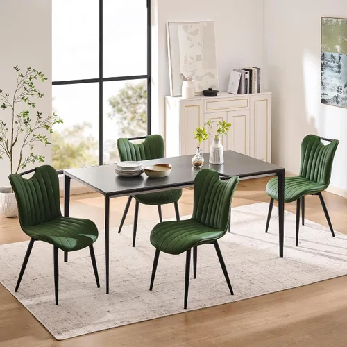 Vista 10 de Juego de 2 sillas de comedor tapizadas de cuero, modernas sillas de comedor de cocina de mediados de siglo con patas de metal negro, sillas