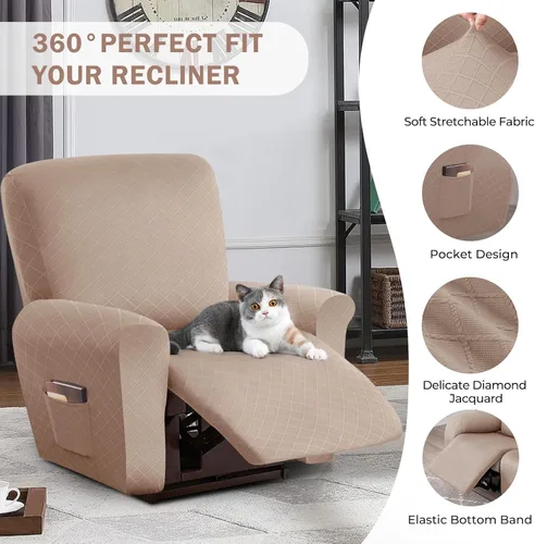 Vista 4 de vctops Funda reclinable con diamantes de 4 piezas, funda elástica para sofá reclinable de 1 plaza, protector suave y sólido para muebles con correa