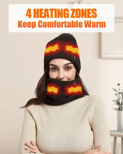 Vista 2 de Sombrero calefactable - Juego de bufanda y sombreros calefactores para hombres y mujeres, batería de 4000 mAh, 3 controles de temperatura