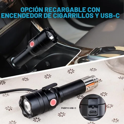 Vista 2 de Linterna pequeña recargable con encendedor de cigarrillos de coche de 12 voltios y USB C para vehículos de emergencia, herramienta de escape