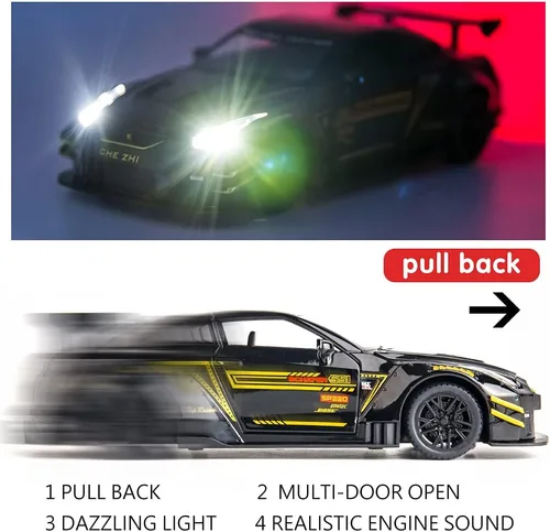 Vista 6 de BDTCTK - Coche modelo compatible de escala 1/24 para Nissan GTR, juguete de aleación de zinc con sonido y luz para niños y niñas (negro)