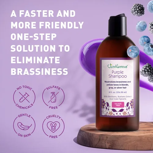 Vista 5 de Just Nutritive Champú tonificante morado para cabello rubio, gris, blanco, plateado y decolorado, elimina el cobrizo, aumenta el brillo, repara