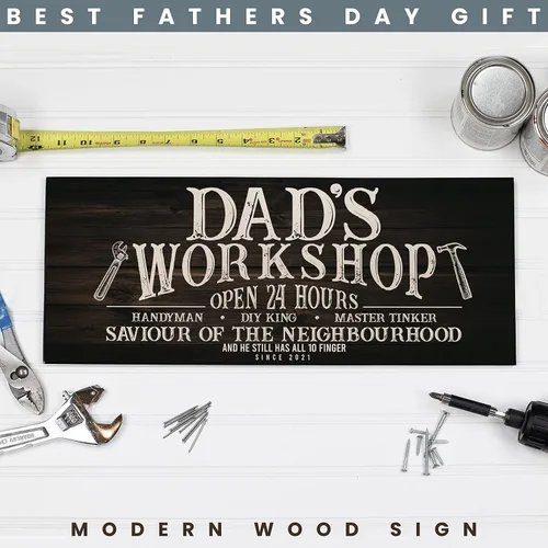 Vista 7 de Letrero de pared de madera personalizado con diseño de cueva de hombre, 4 tamaños, 9 colores y 9 opciones de fuente, regalo personalizado para papá
