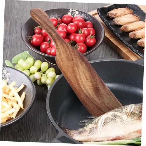 Vista 5 de Estilo europeo Mango largo Pala de madera Espátula ranurada Cocina Spurtle Madera Flipper Turner Madera Espátula Tarro Mantequilla Multifunción