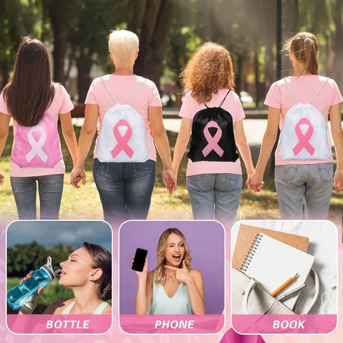 Vista 5 de Silkfly 100 unidades de mochila con cordón para concientización sobre el cáncer de mama, bolsas con cordón rosa a granel, bolsas con cordón