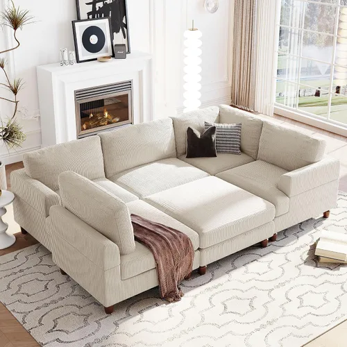Vista 22 de Moderno sofá modular grande en forma de U, sofá cama convertible con diván reversible para sala de estar, asiento de almacenamiento, adecuado