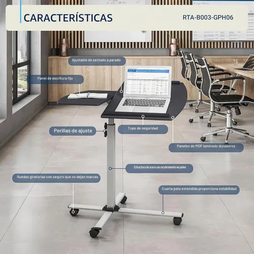 Vista 4 de Techni Mobili Carrito de portátil ajustable con ruedas, grafito