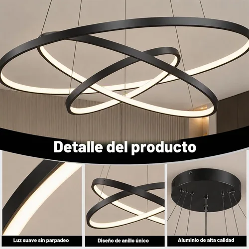 Vista 4 de LightInTheBox Lámpara colgante de 3 anillos para sala de estar, comedor, luz de techo moderna, diseño de círculo, 20+40+23.6 in, color = negro