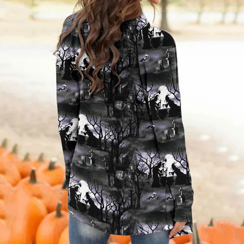 Vista 6 de Womens Halloween Long Sleeve Open Front Cardigan Funny Cute Pumpkin Black Cat Ghost Graphic Soft Lightweight Tops