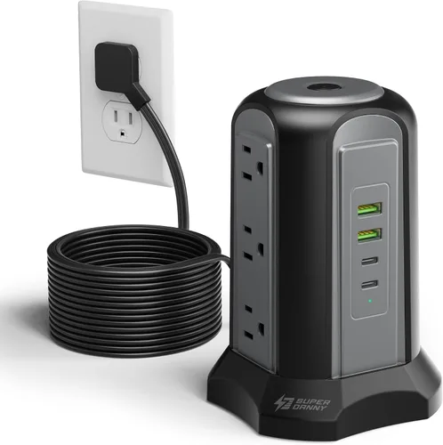 Vista 10 de Tira de alimentación con protector de subida de tensión en torre, estación de carga de escritorio SUPERDANNY, cable de extensión de enchufe plano