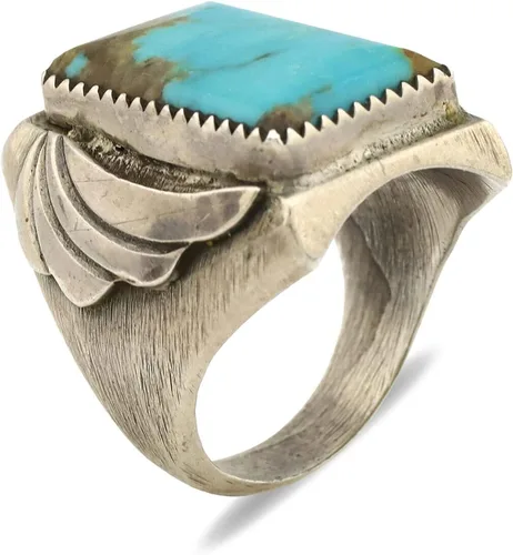 Vista 2 de Anillo Navajo 0.925 de plata natural azul turquesa artista nativo C.1980's, Plata 925, plata de ley, piedra preciosa, metal, turquesa