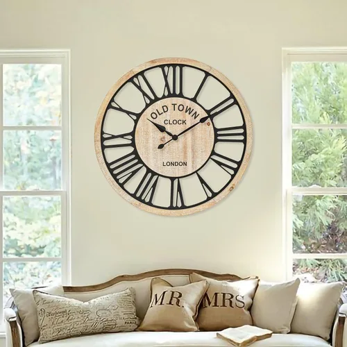 Vista 5 de EMAX HOME Reloj de pared grande – Reloj de pared decorativo de estilo rústico estilo granja, diseño de números romanos rústicos, reloj de pared