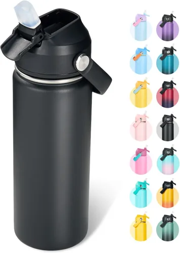 Vista 48 de Fijinhom Botella de agua aislada de 18 onzas con 2 tapas, botellas de agua de acero inoxidable, aspiradora de doble pared, mango portátil y parte