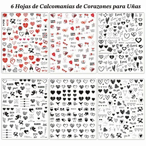 Vista 7 de SINSEN Calcomanías de uñas de corazón, 6 hojas de calcomanías de uñas de corazones para mujeres, calcomanías autoadhesivas 3D para arte de uñas