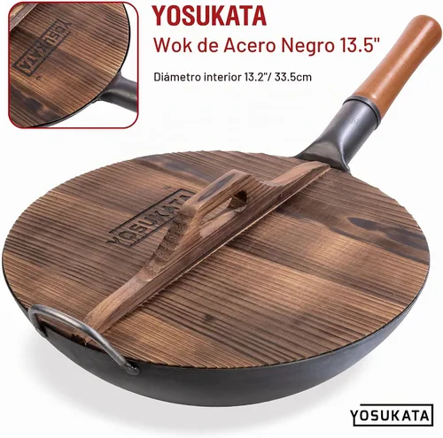 Vista 4 de YOSUKATA Funda Wok Premium 13.2" para Wok 13.5"- Tapa de madera para sartén