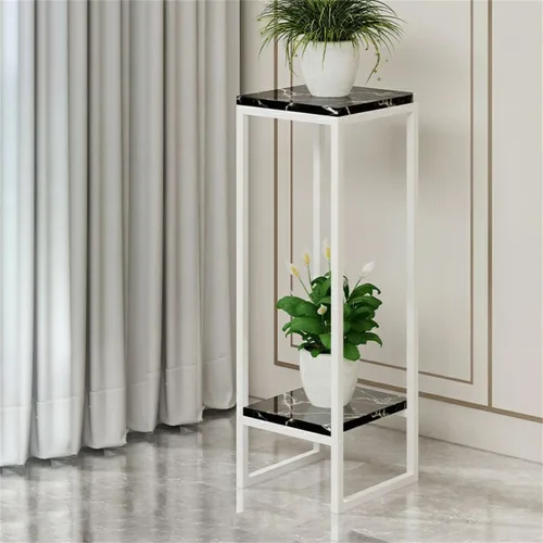 Vista 19 de Mesa cuadrada simple de madera de varios niveles con estante de almacenamiento, soporte para maceta de hierro forjado para sala de estar en Negro