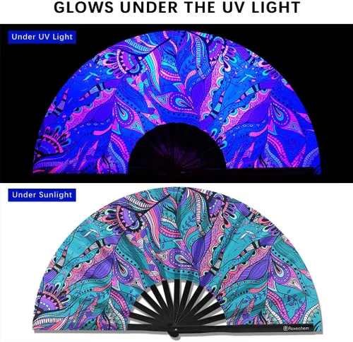 Vista 2 de Abanico Plegable Grande, Abanico Rave Clack de 13 Pulgadas, Abanico de Mano para Mujeres y Hombres con Tela de Satén Premium, Marco de Bambú Grueso