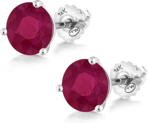 Vista 3 de Gem Stone King Aretes de tuerca de oro blanco de 14 quilates rubí rojo de 3 puntas Martini con rosca trasera para mujer 200 quilates redondos