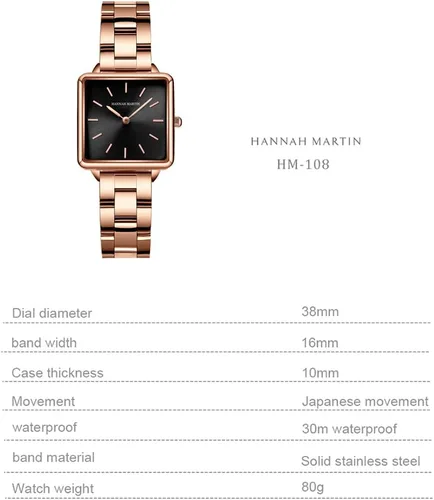 Vista 3 de Hanna Martin - Reloj cuadrado de acero inoxidable para mujer, movimiento japonés, pulsera de moda