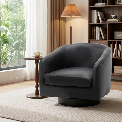 Vista 3 de Silla Giratoria de Acento de Cuero Sintético con Base de Madera, Sillas de Barril Tapizadas Modernas para Sala de Estar, Cómodo Sillón Redondo Sofá