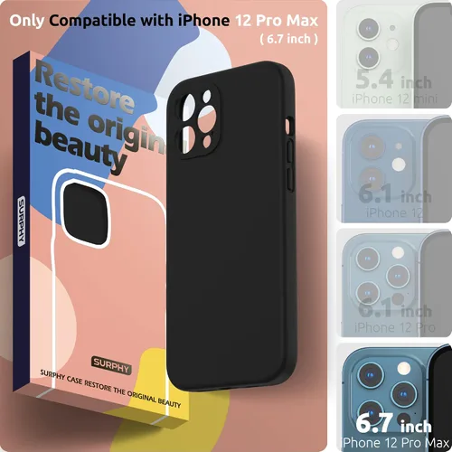 Vista 2 de SURPHY Funda diseñada para iPhone 12 Pro Max con protección para cámara, funda de silicona líquida con forro de microfibra, color negro