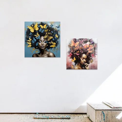 Vista 5 de CCWACPP Lienzo africano americano para pared, diseño de mujeres negras y azules y doradas, pintura de mariposas y mujeres africanas para decoración
