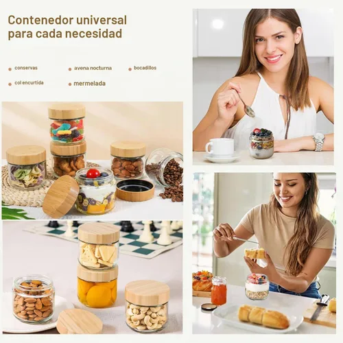 Vista 7 de Paquete de 2 tarros pequeños de vidrio transparente de 8 onzas, tarros de avena de boca ancha para la noche, recipientes con tapas herméticas