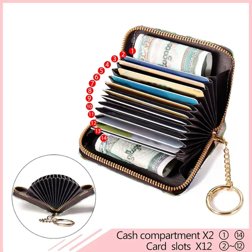 Vista 5 de Cartera RFID, tarjetero para mujer, cartera pequeña con ranuras para tarjetas, tarjetero de cuero RFID, tarjetero con llavero para tarjetas