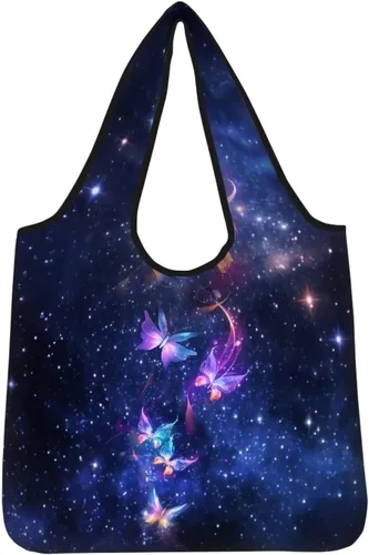 Vista 14 de Belidome Bolsa de comestibles con diseño de donas de ajolotl para compras, lavable, reutilizable, con bolsillo para asa