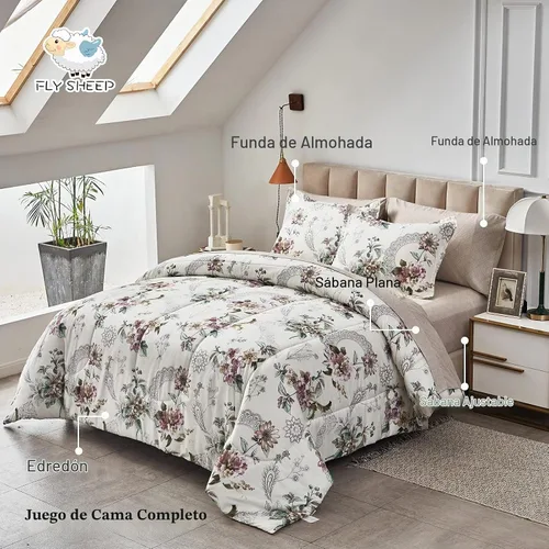 Vista 3 de Juego de edredón de 7 piezas tamaño Queen, diseño floral beige, de microfibra suave, para todas las estaciones