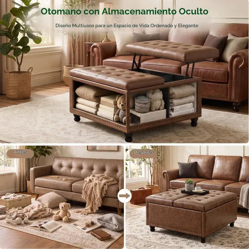 Vista 3 de Tbfit - Otomana cuadrada grande de 35.5 pulgadas con almacenamiento, parte Marrón