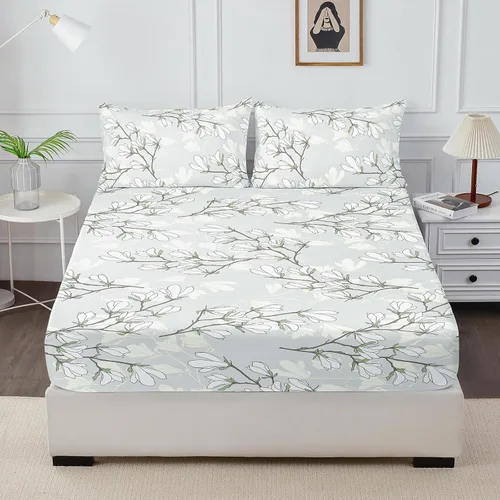 Vista 9 de Sábana bajera ajustable floral con fundas de almohada, 100% microfibra cepillada, sábana bajera ajustable con bolsillo profundo, ultrasuave