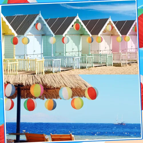 Vista 7 de Panelee 12 linternas de papel de bola de playa de 8 pulgadas, decoraciones de fiesta de piscina, decoraciones redondas colgantes temáticas de Luau