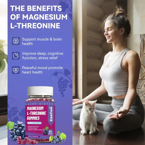 Vista 4 de Gomitas de treonina de magnesio de 1000 mg, gomitas de L-treonina para adultos, grandes suplementos de magnesio para el cerebro, sin OMG, sin