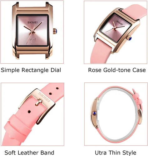 Vista 3 de Reloj de vestir para mujer, de negocios, casual, cuadrado, con correa de cuero roja, Rojo