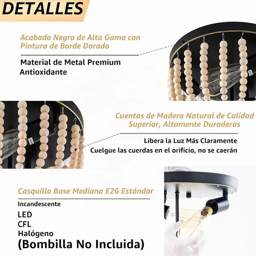 Vista 6 de Lámpara de techo de madera con cuentas de granja, 3 luces, estilo bohemio, con cuentas de madera, accesorios de iluminación vintage para entrada