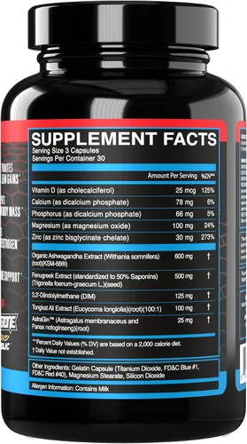 Vista 3 de eFlow Nutrition Enflux Natural T Support con KSM-66 Ashwagandha - Suplemento para apoyar la masa corporal magra para hombres y mujeres - Fenogreco